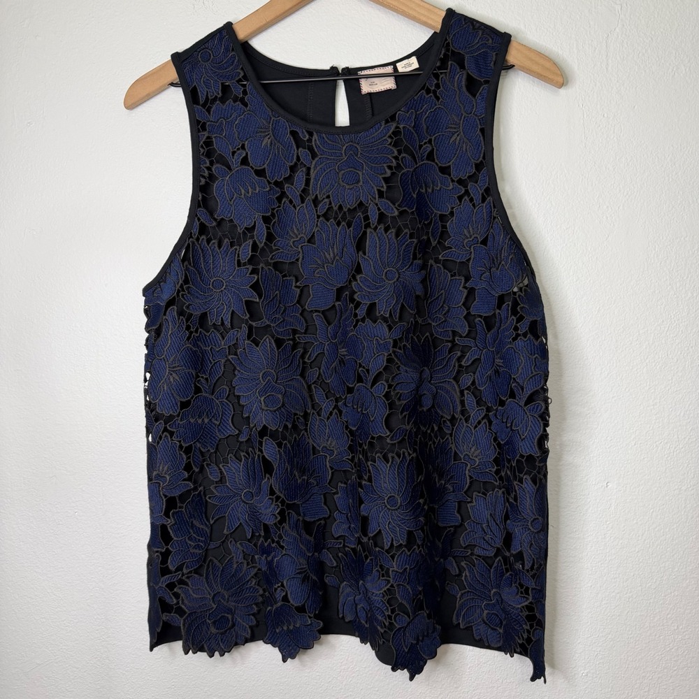 Anthropologie Postmark - Navy Floral Lace Blouse Open Weave Size‎ Medium
